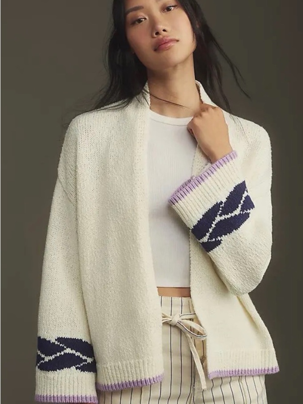 Maeve Cream Open-Front Cardigan with Navy and Lavender Trim